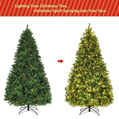 7-Foot Pre-Lit Hinged Christmas Tree with 460 LED Lights and Pine Cones