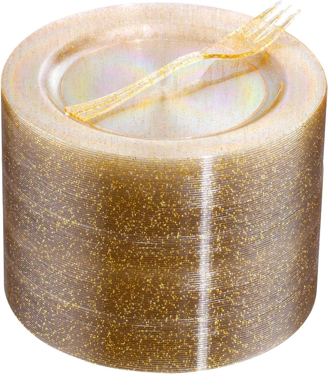 WELLIFE 120-Count Gold Glitter Plastic Dessert Plates and Forks Set, 6.5-Inch Disposable Plates and Durable Small Forks for Catering, Parties, and Weddings