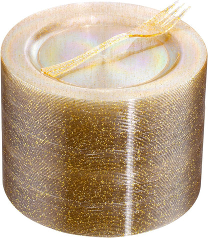 WELLIFE 120-Count Gold Glitter Plastic Dessert Plates and Forks Set, 6.5-Inch Disposable Plates and Durable Small Forks for Catering, Parties, and Weddings