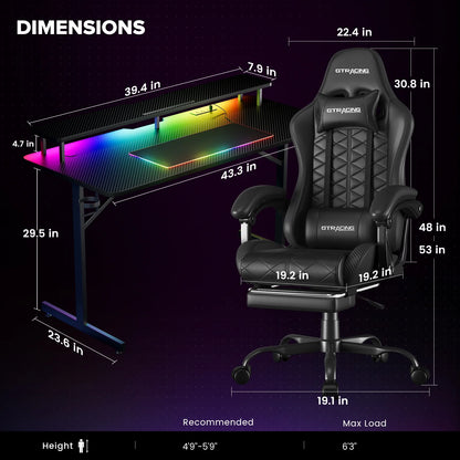 LED Gaming Desk and Bluetooth Gaming Chair Set in Black