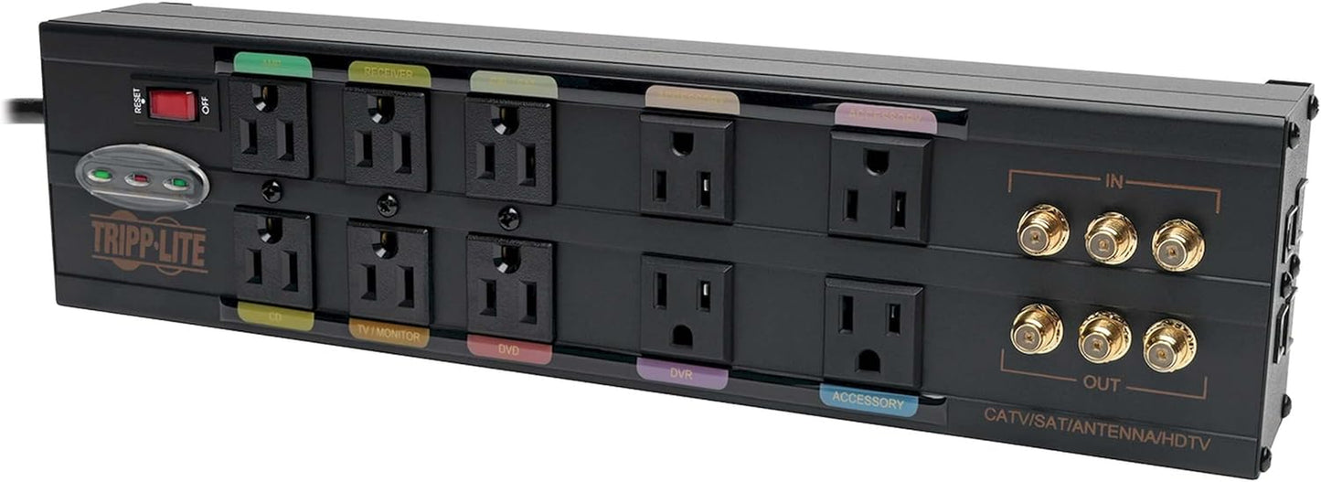 Tripp Lite Isobar 6 Outlet Surge Protector Power Strip with 2 USB Charging Ports,10Ft Long Cord,Right-Angle Plug, Metal, 3840 Joules,Lifetime Limited Warranty & $50K Insurance (Ibar6Ultrausbb)Black