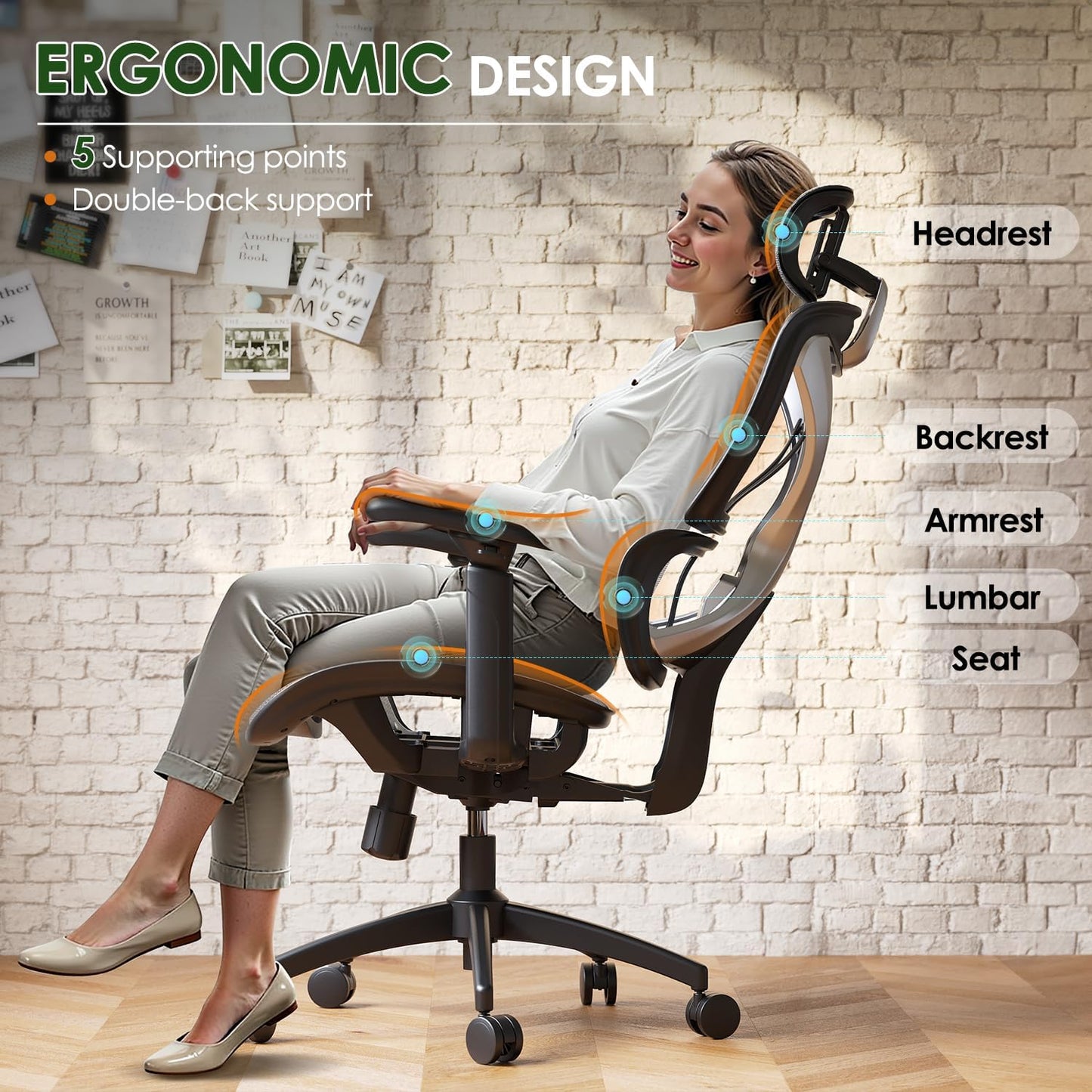 GABRYLLY Ergonomic Office Chair for Big and Tall, Mesh Design with Lumbar Support, 3D Adjustable Armrests, 215° Rotation, Adjustable Headrest, and Comfortable Seat, Supports Up to 350 lbs, Ideal for Work and Gaming - Grey