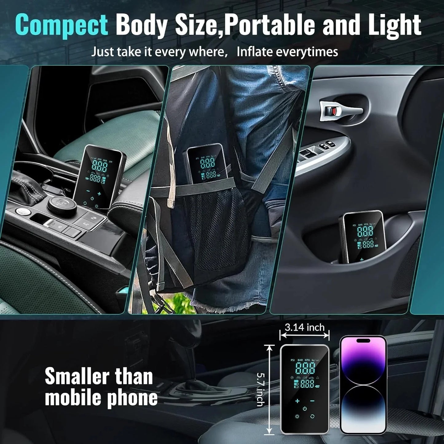 Tire Inflator Portable Air Compressor-18000Mah-Portable Air Pump-150 PSI Tire Pump with Touch Screen/Gauge/Light for Car, Motorcycle, Bike, Ball