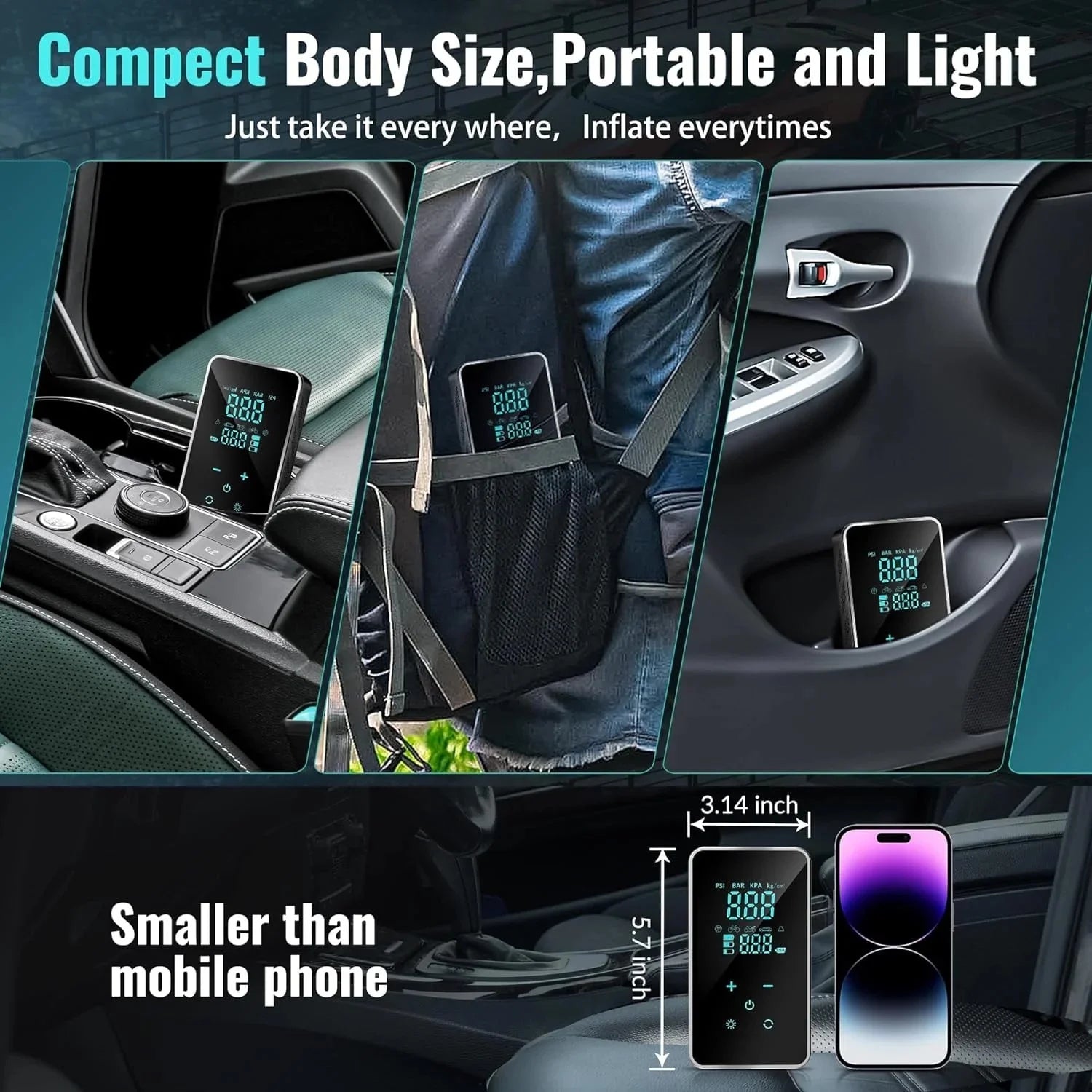 Tire Inflator Portable Air Compressor-18000Mah-Portable Air Pump-150 PSI Tire Pump with Touch Screen/Gauge/Light for Car, Motorcycle, Bike, Ball