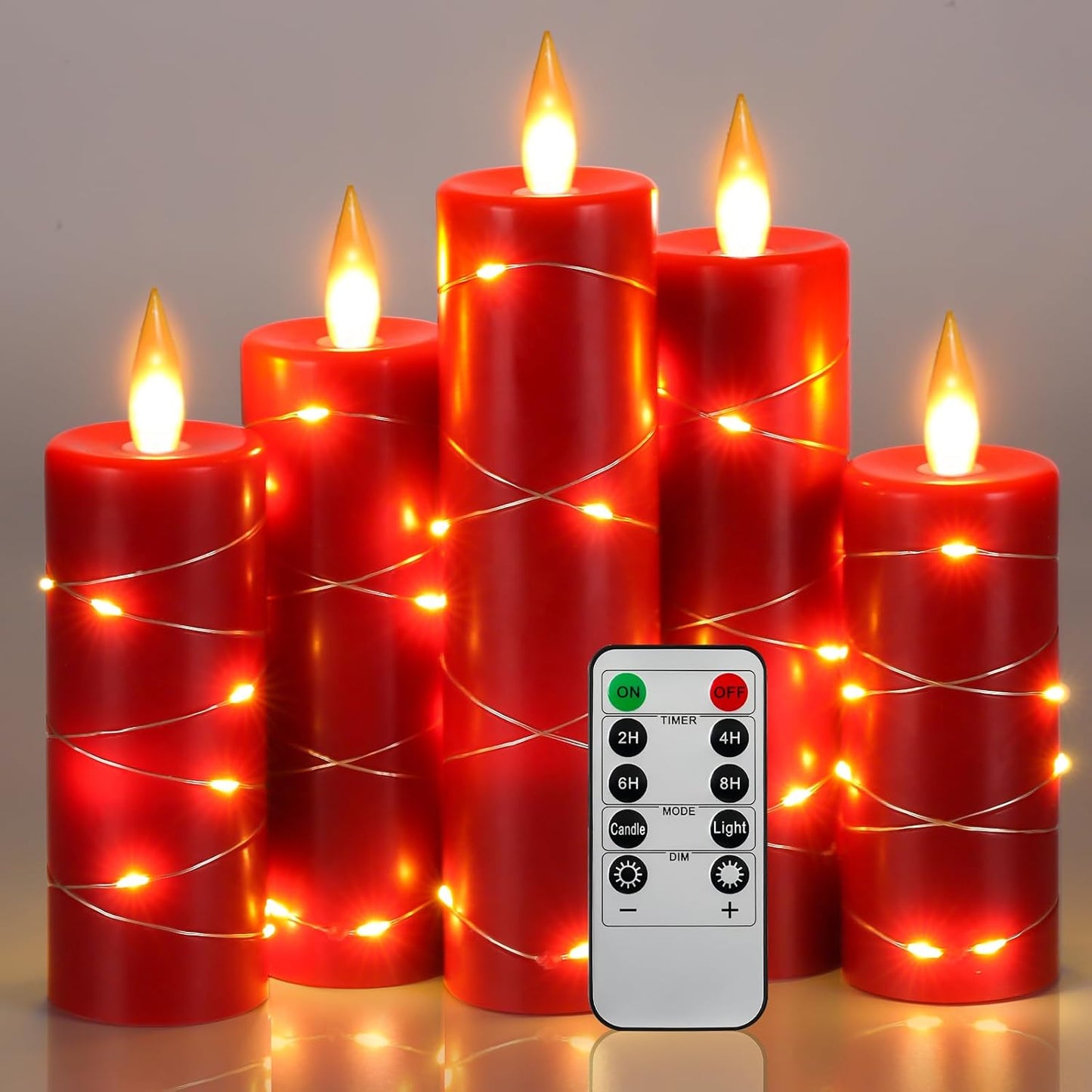 Flameless LED Candles with String Lights, Battery Operated, Flickering Effect, Remote Control and Timer, Real Wax, Set of 3 - Ivory