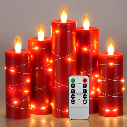 Flameless LED Candles with String Lights, Battery Operated, Flickering Effect, Remote Control and Timer, Real Wax, Set of 3 - Ivory