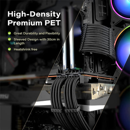 EZDIY-FAB PSU Cable Extension Sleeved Custom Mod GPU PC Power Supply Soft Nylon Braided with Comb Kit 24PIN/8PIN to 6+2Pin/ 8PIN to 4+4PIN-30CM 300MM - Black