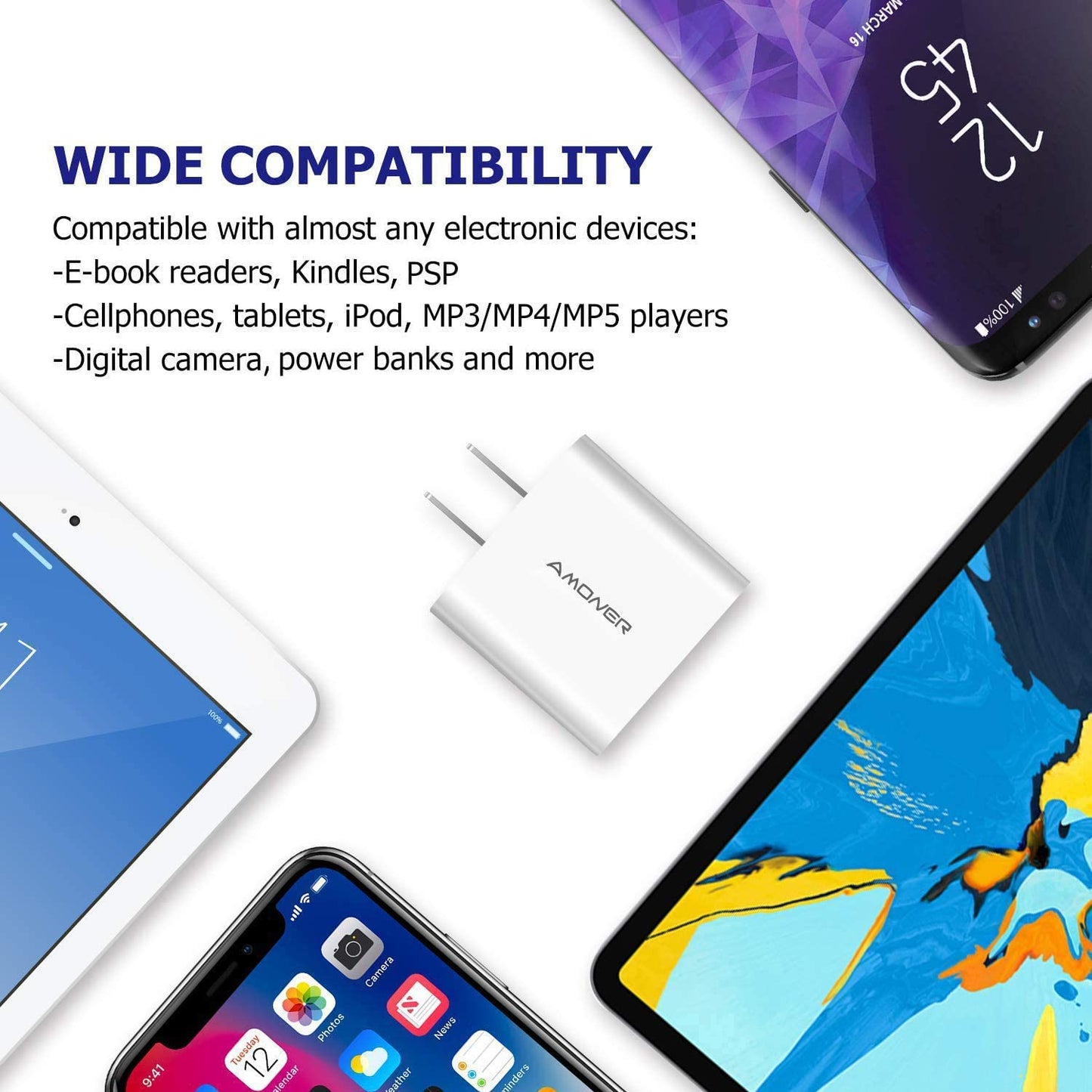 USB Wall Charger, Amoner 2Pack 15W 3-Port USB Charger Block Iphone Cube Charging Blocks for Iphone 14/13/12/11/X/XR/X/8/7/6, Galaxy, Android Phones and More