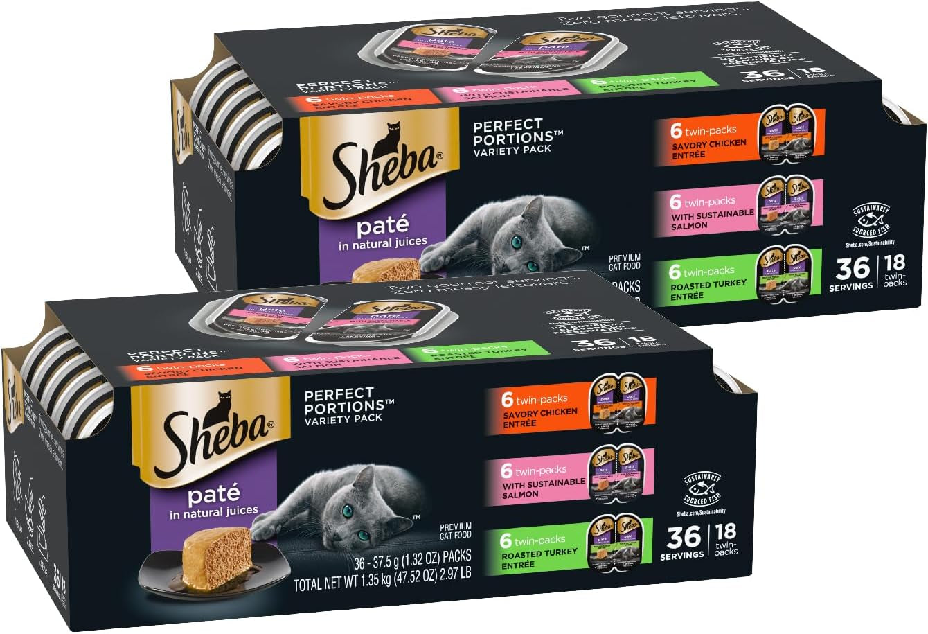 Sheba Perfect Portions Wet Cat Food Variety Pack with Sustainable Salmon, Signature Seafood Entrée, Tender White Fish, and Tuna, 2.6 Oz Twin Pack Trays (24 Count, 48 Servings)