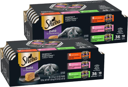 Sheba Perfect Portions Wet Cat Food Variety Pack with Sustainable Salmon, Signature Seafood Entrée, Tender White Fish, and Tuna, 2.6 Oz Twin Pack Trays (24 Count, 48 Servings)