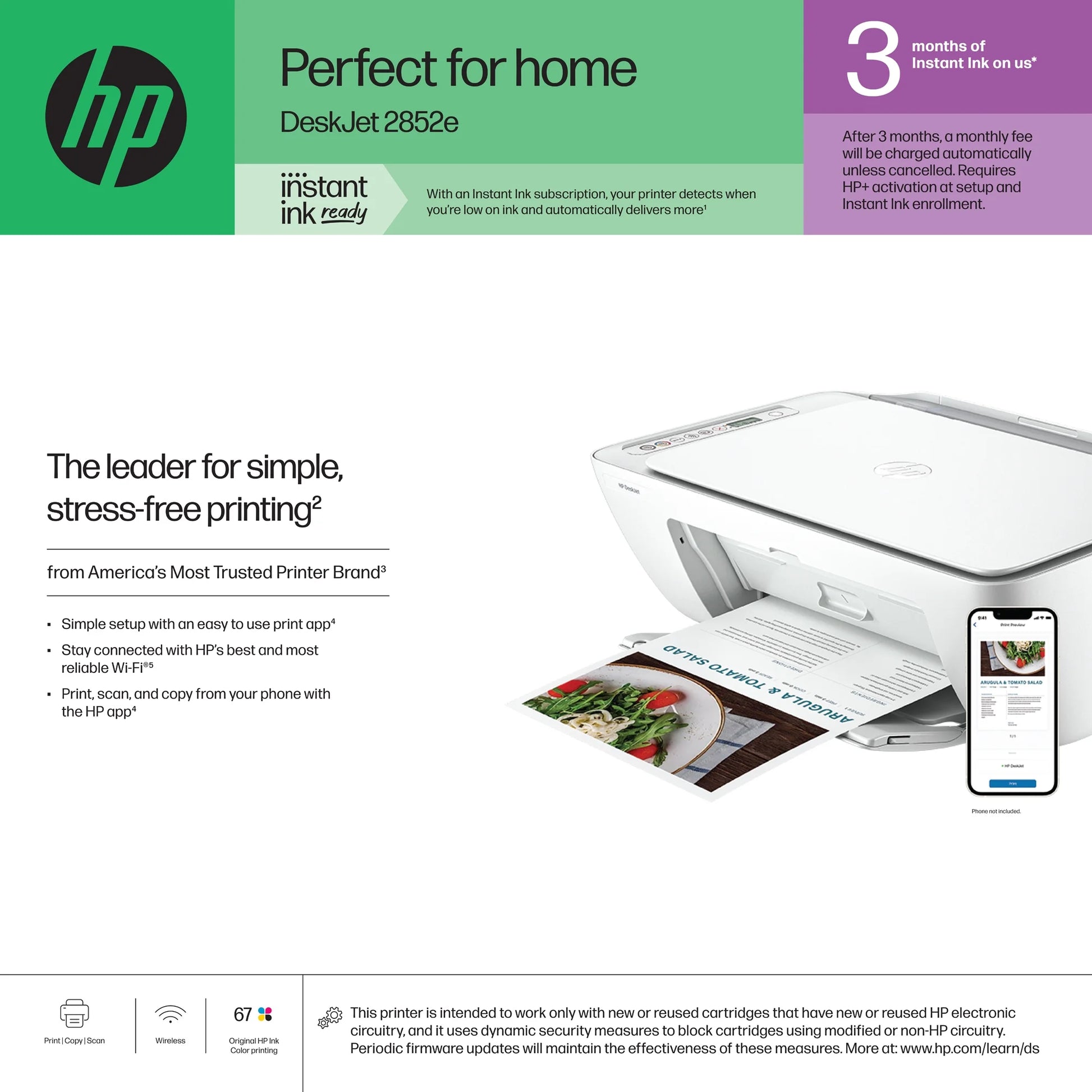 Deskjet 2852E Wireless All-in-One Color Inkjet Printer with Scanner and Copier, Includes 3 Months Free Instant Ink