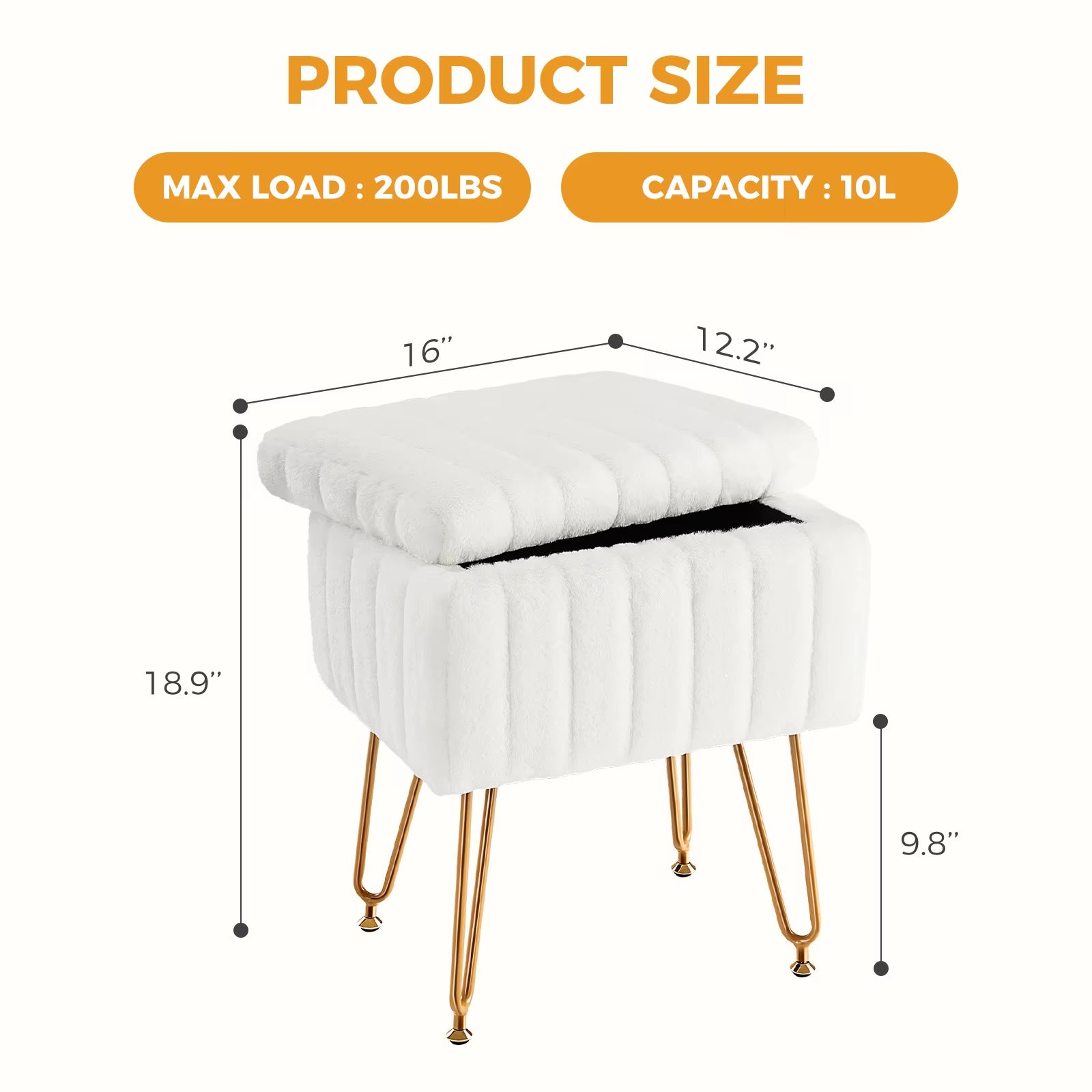 JHK Faux Fur Upholstered Storage Ottomans with Adjustable Metal Legs for Living Room and Makeup Use