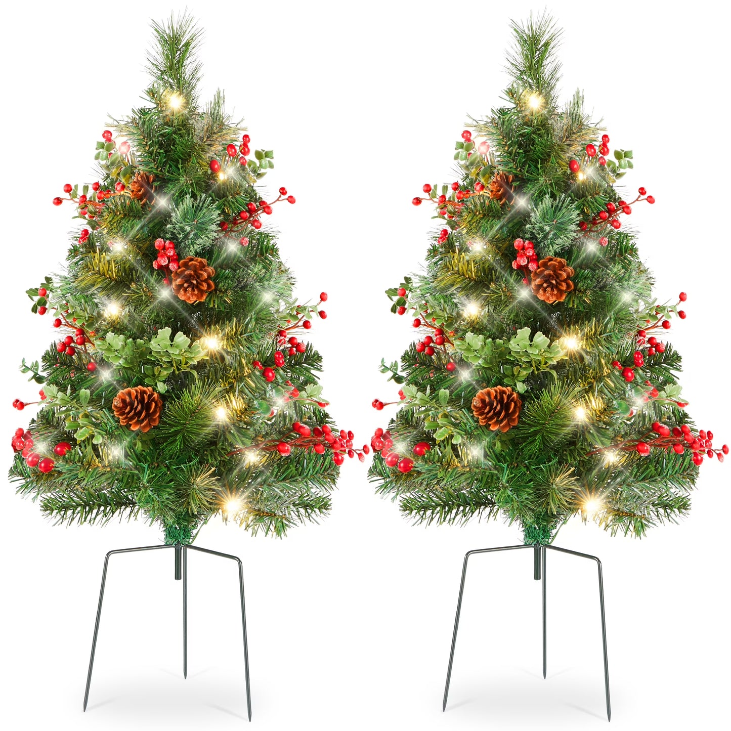 Set of 2 24.5-Inch Outdoor Pathway Christmas Trees with LED Lights, Berries, Pine Cones, and Ornaments