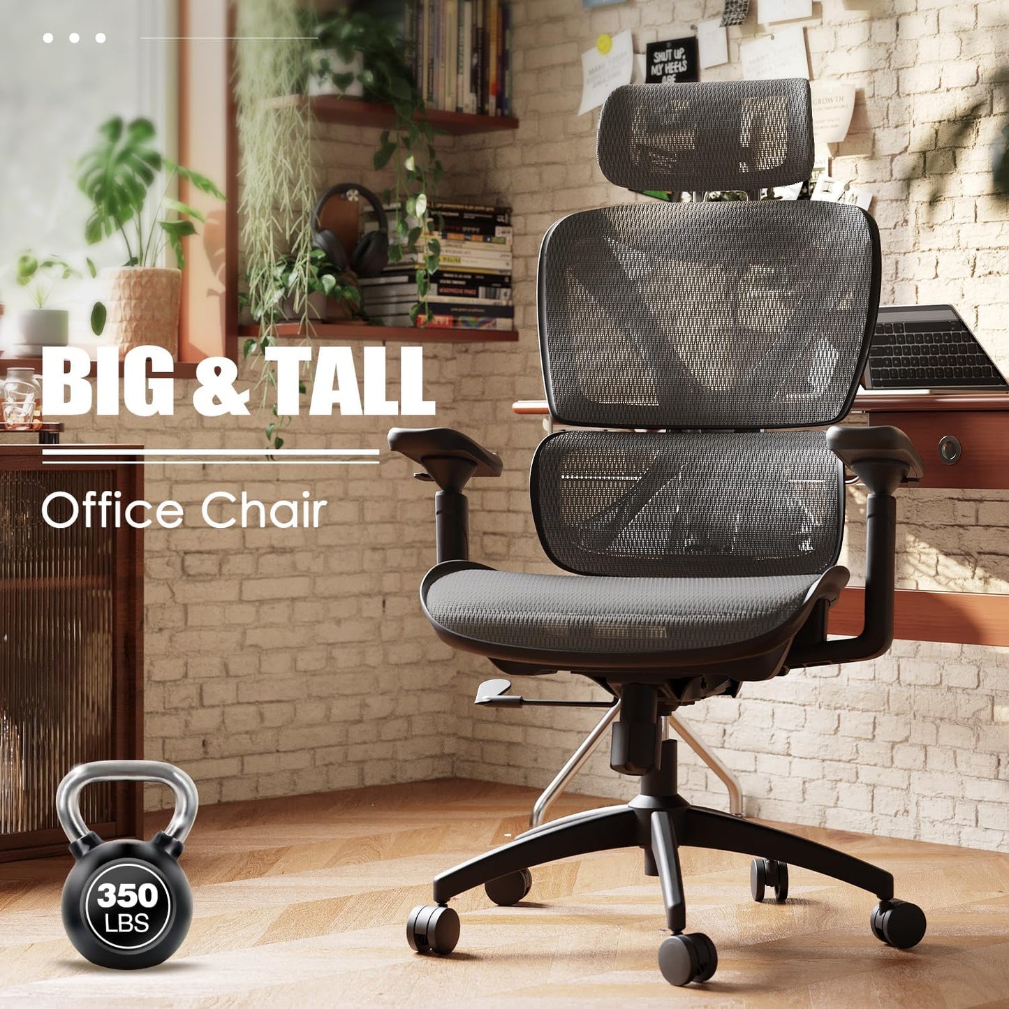 GABRYLLY Ergonomic Office Chair for Big and Tall, Mesh Design with Lumbar Support, 3D Adjustable Armrests, 215° Rotation, Adjustable Headrest, and Comfortable Seat, Supports Up to 350 lbs, Ideal for Work and Gaming - Grey