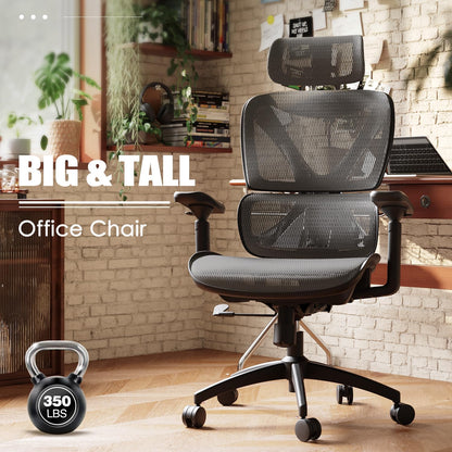 GABRYLLY Ergonomic Office Chair for Big and Tall, Mesh Design with Lumbar Support, 3D Adjustable Armrests, 215° Rotation, Adjustable Headrest, and Comfortable Seat, Supports Up to 350 lbs, Ideal for Work and Gaming - Grey