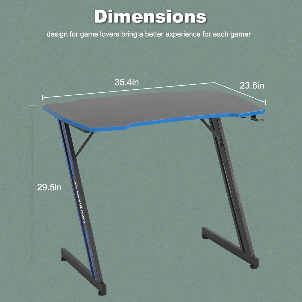 35.4In Z Shaped PC Computer Gamaing Desk with Headphone Hook,Blue