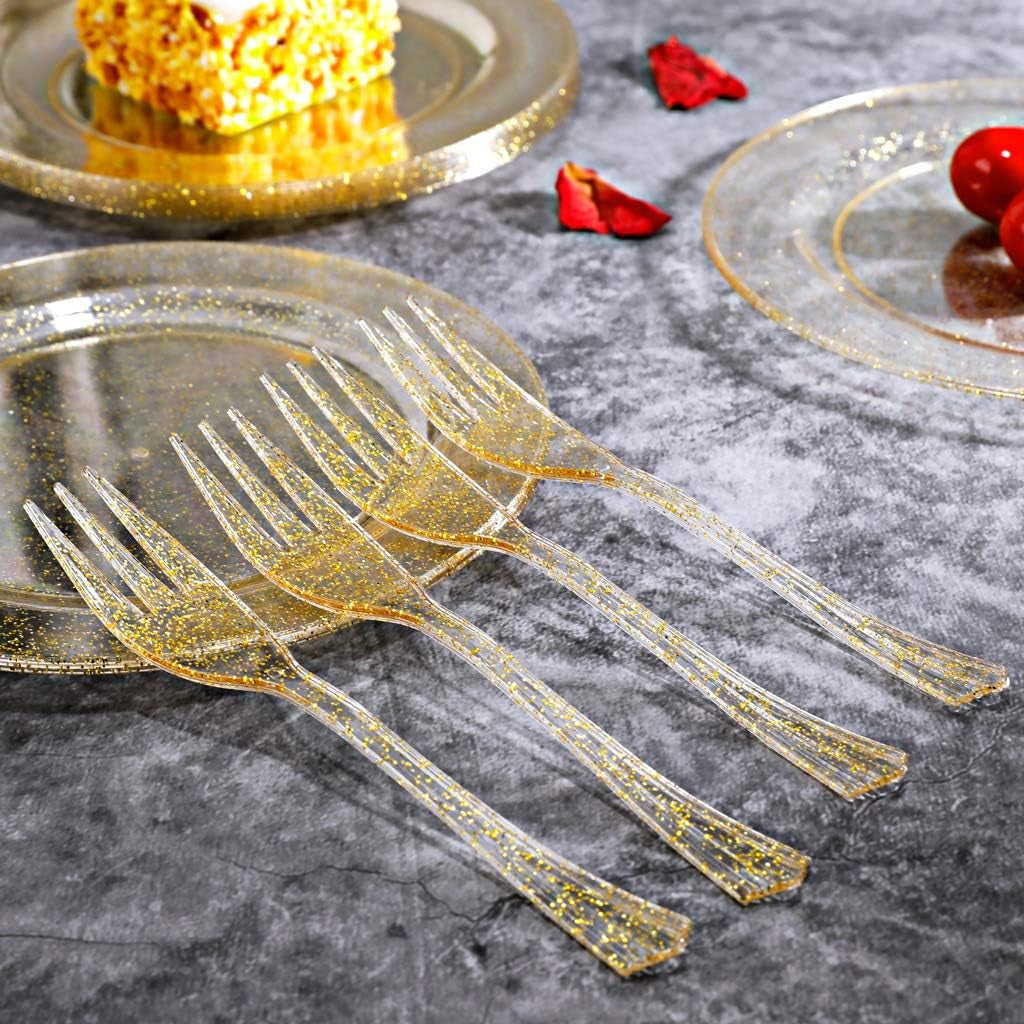 WELLIFE 120-Count Gold Glitter Plastic Dessert Plates and Forks Set, 6.5-Inch Disposable Plates and Durable Small Forks for Catering, Parties, and Weddings
