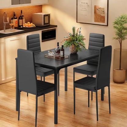 47-Inch Wooden Dining Table and Chair Set for 4 with PU Leather High Back Support, Ideal for Small Spaces, Black