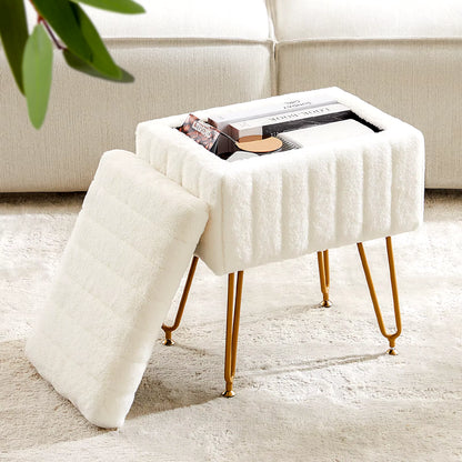 JHK Faux Fur Upholstered Storage Ottomans with Adjustable Metal Legs for Living Room and Makeup Use