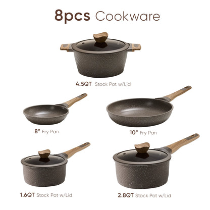 8-Piece Nonstick Granite Cookware Set in Brown for Induction Cooking