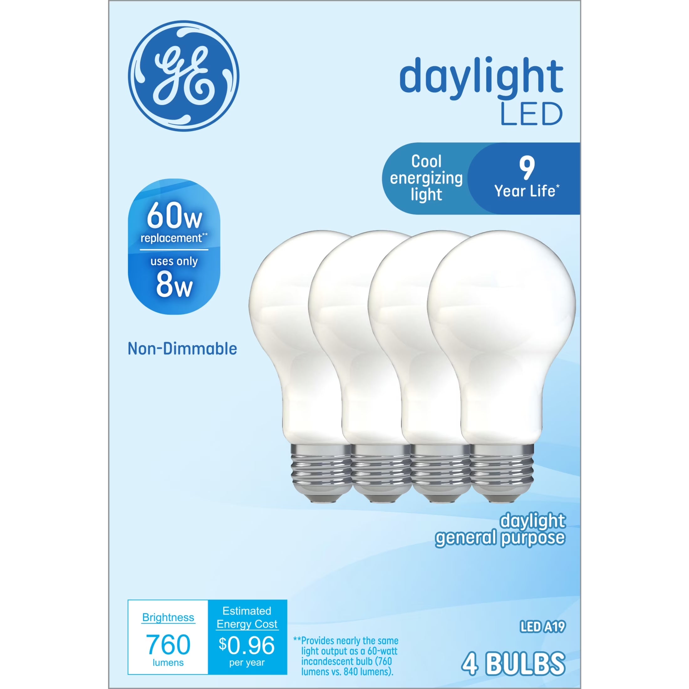 GE LED Light Bulbs, 60 Watt, Daylight, A19 Bulbs, Medium Base, Frosted Finish, 9Yr, 4Pk