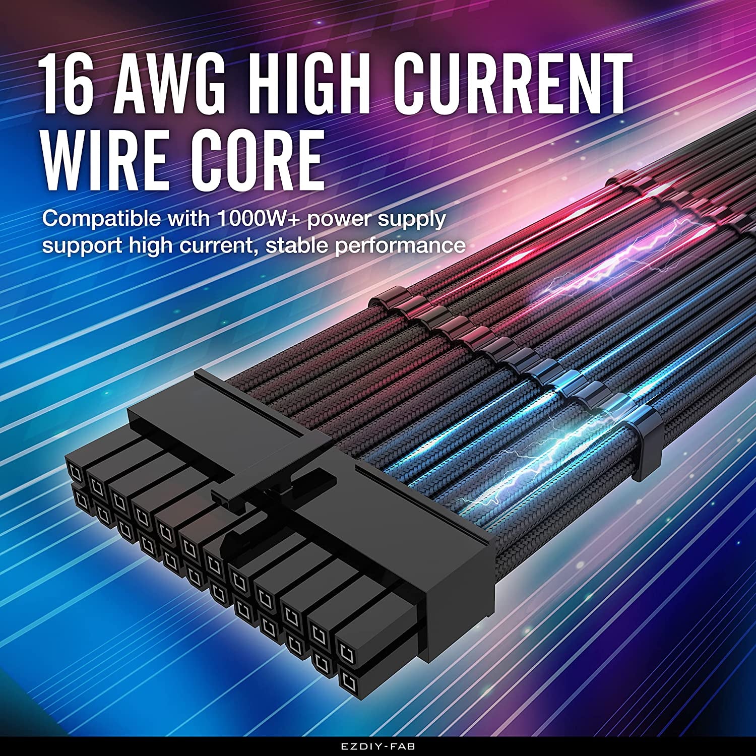 EZDIY-FAB PSU Cable Extension Kit Sleeved Cable Custom Power Supply Sleeved Extension 16 AWG 24-PIN 8-PIN 6-PIN 4+4-PIN with Combs- Black