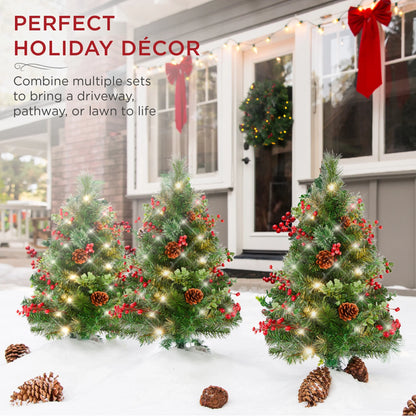 Set of 2 24.5-Inch Outdoor Pathway Christmas Trees with LED Lights, Berries, Pine Cones, and Ornaments