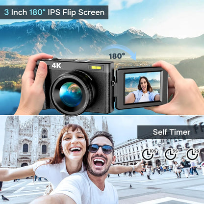 4K 48MP Digital Vlogging Camera with Autofocus and 16X Zoom, Includes 32GB SD Card for YouTube Content Creation
