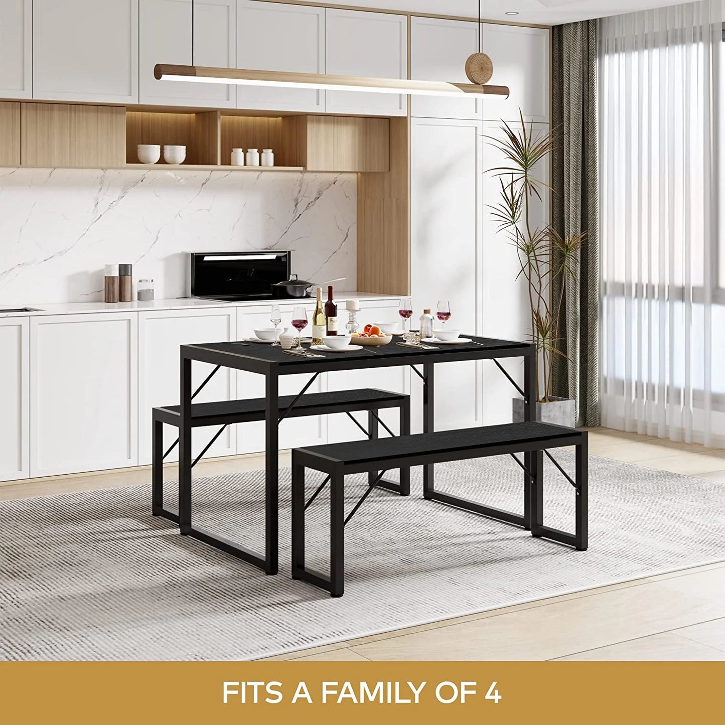 45.5" Dining Table and Bench Set for 4 - Space-Saving Black Kitchen Furniture for Apartments