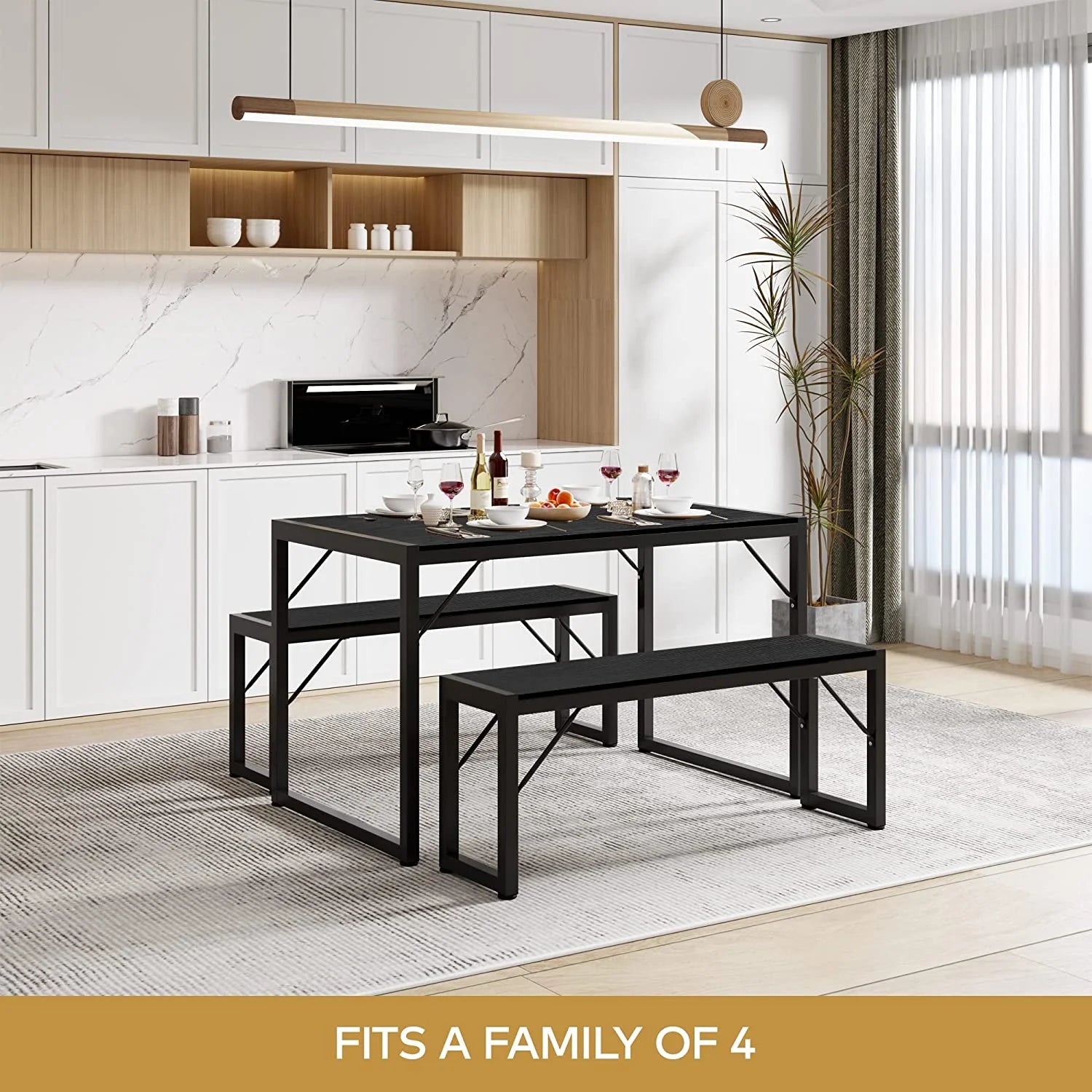 45.5" Dining Table and Bench Set for 4 - Space-Saving Black Kitchen Furniture for Apartments