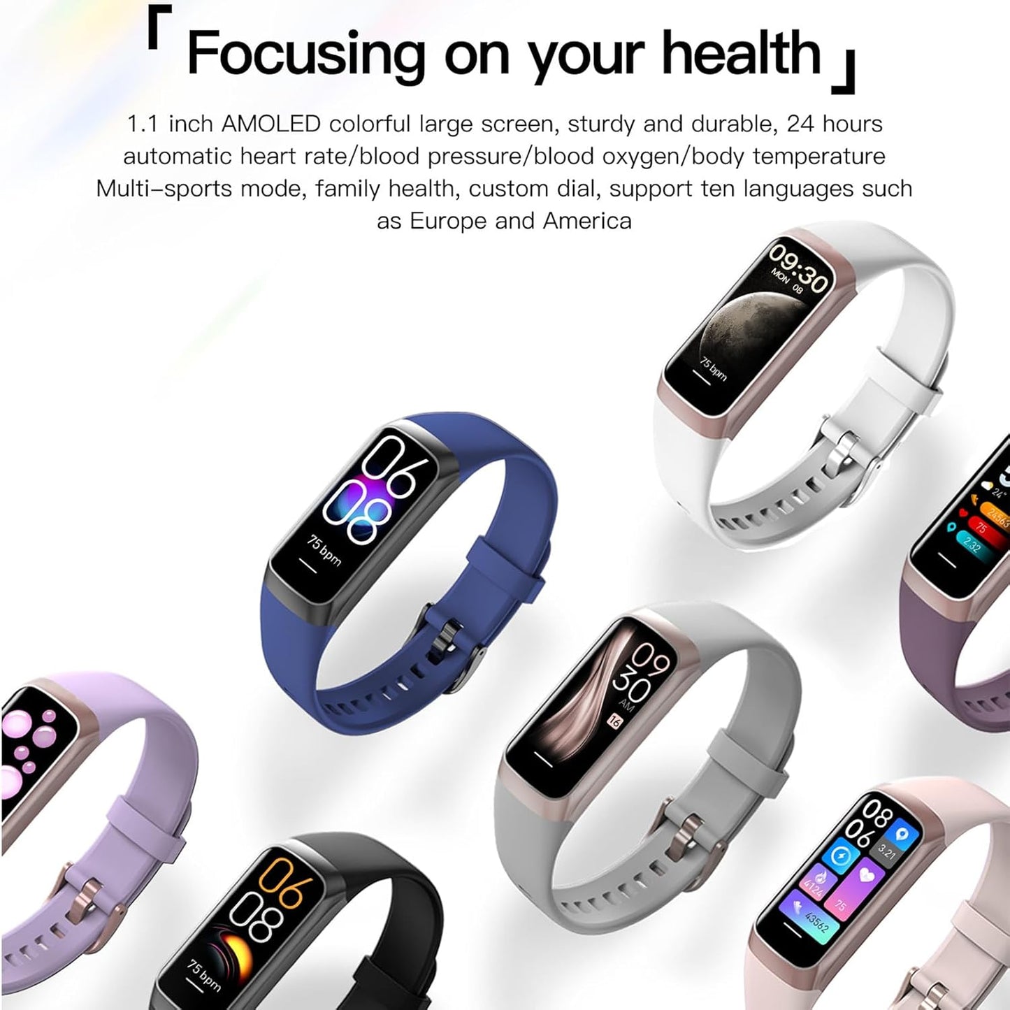 Health and Fitness Tracker for Men and Women - AMOLED Display, Slim Design, 25 Sports Modes, Heart Rate and Blood Pressure Monitoring, Alarm, Stopwatch, Timer, Calories Burned, IP68 Waterproof