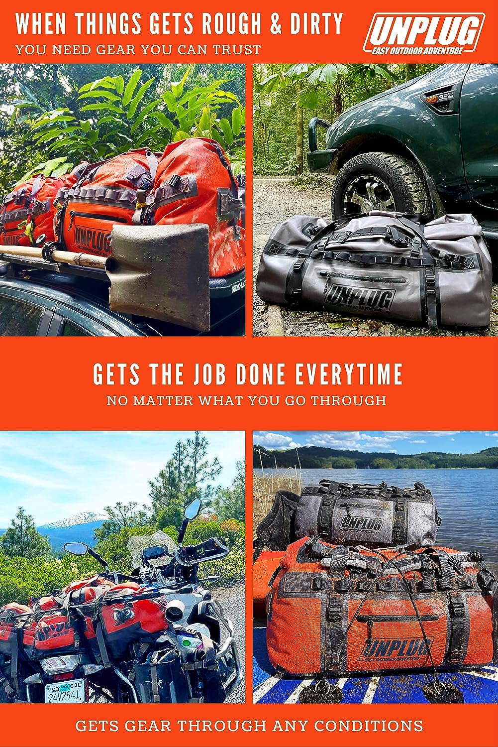 UNPLUG Ultimate Adventure Duffle Bag | 1680D Heavy-Duty Waterproof Design | Versatile Large Bag for Camping, Motorcycling, Boating, and Hunting