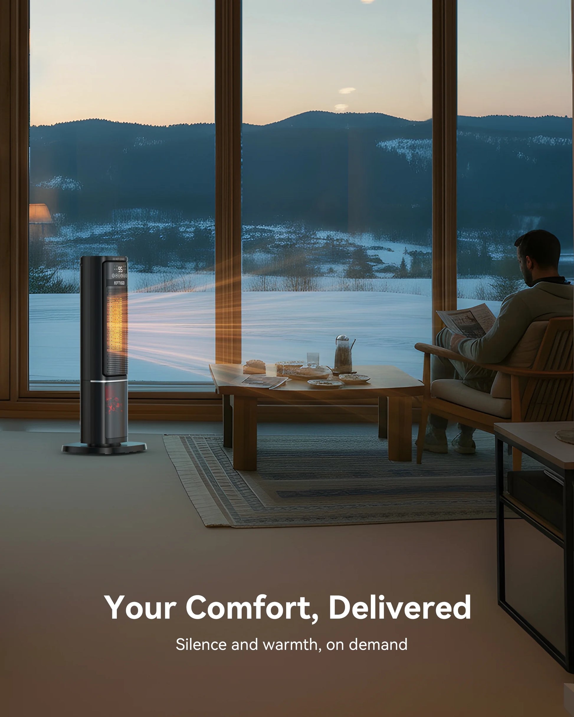 24-Inch Ceramic Space Heater with Flame Effect, 1500W with Thermostat, PTC Technology, 12-Hour Timer & Remote Control for Indoor Use in Office, Bedroom, and Living Room