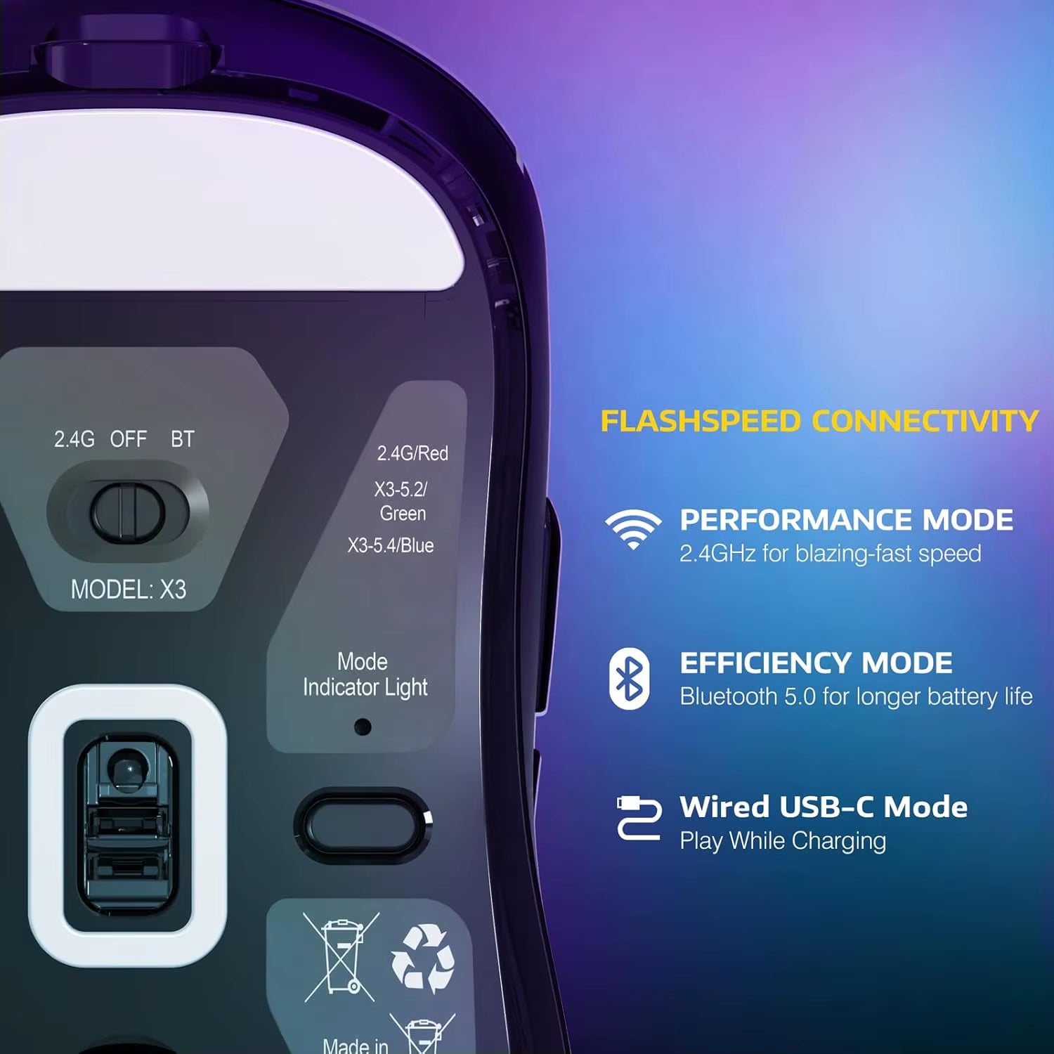 ATTACK SHARK X3 Lightweight Wireless Gaming Mouse, 49G Tri-Mode,Paw3395 26K DPI Sensor, 200H Battery Life,5 Programmable Buttons