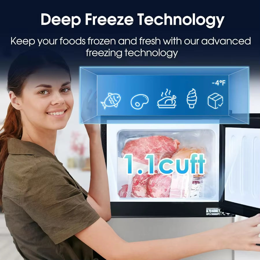 3.2 Cu.Ft Double Door Fridge with Freezer for Bedroom Office Dorm and Apartment Portable Refrigerator with 7 Temperature Settin