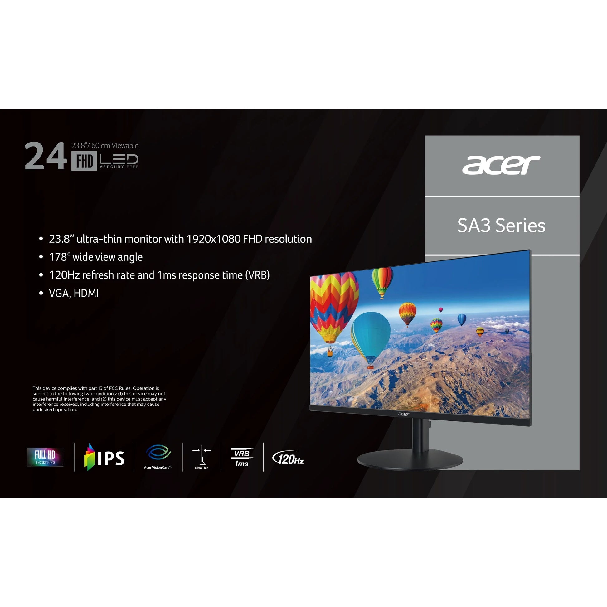 SA243Y G0Bi 23.8" Full HD Ultra-Thin IPS Zero Frame Monitor with Adaptive-Sync, 120Hz Refresh Rate, 1ms Response Time, and 99% sRGB Coverage (HDMI 1.4 & VGA Ports)