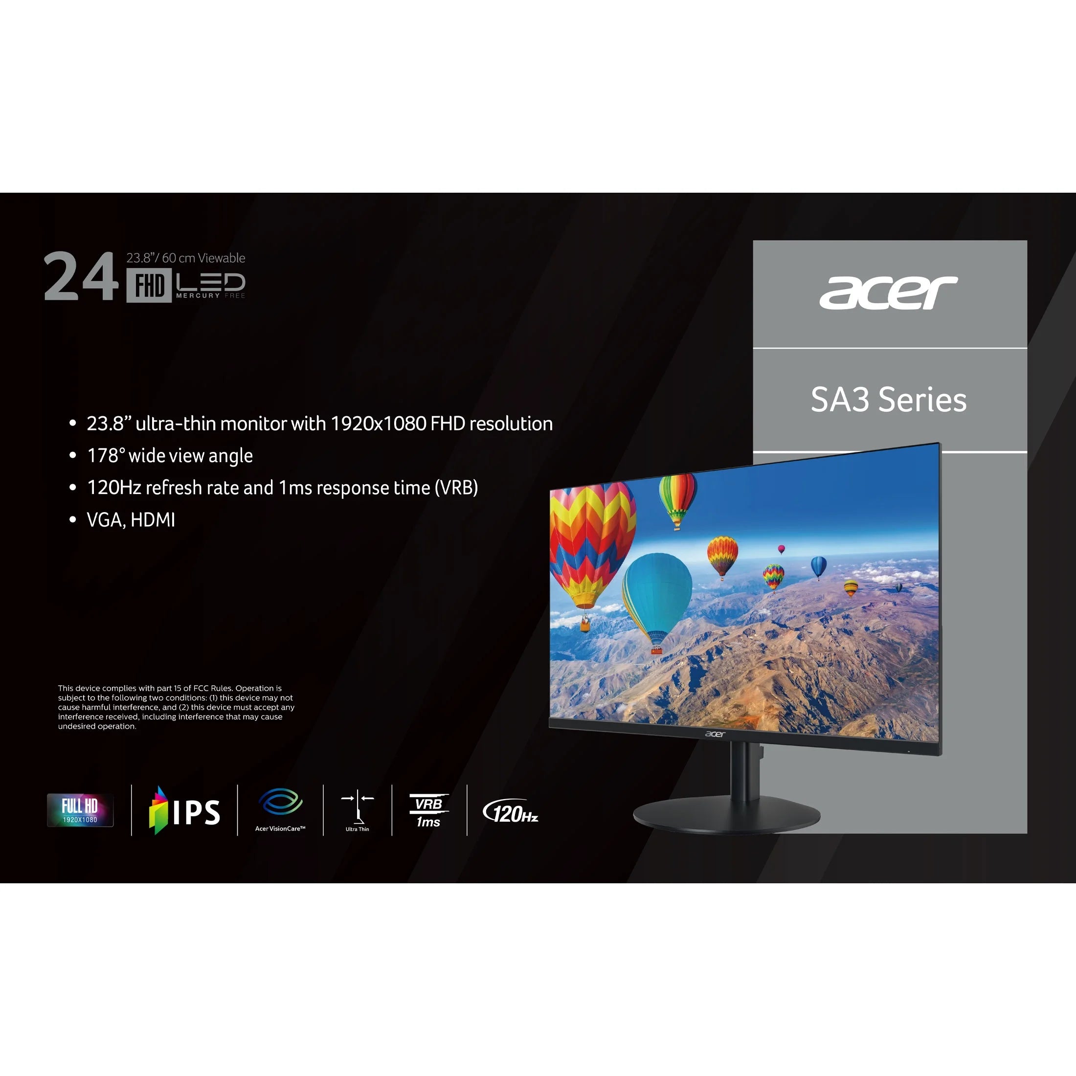 SA243Y G0Bi 23.8" Full HD Ultra-Thin IPS Zero Frame Monitor with Adaptive-Sync, 120Hz Refresh Rate, 1ms Response Time, and 99% sRGB Coverage (HDMI 1.4 & VGA Ports)