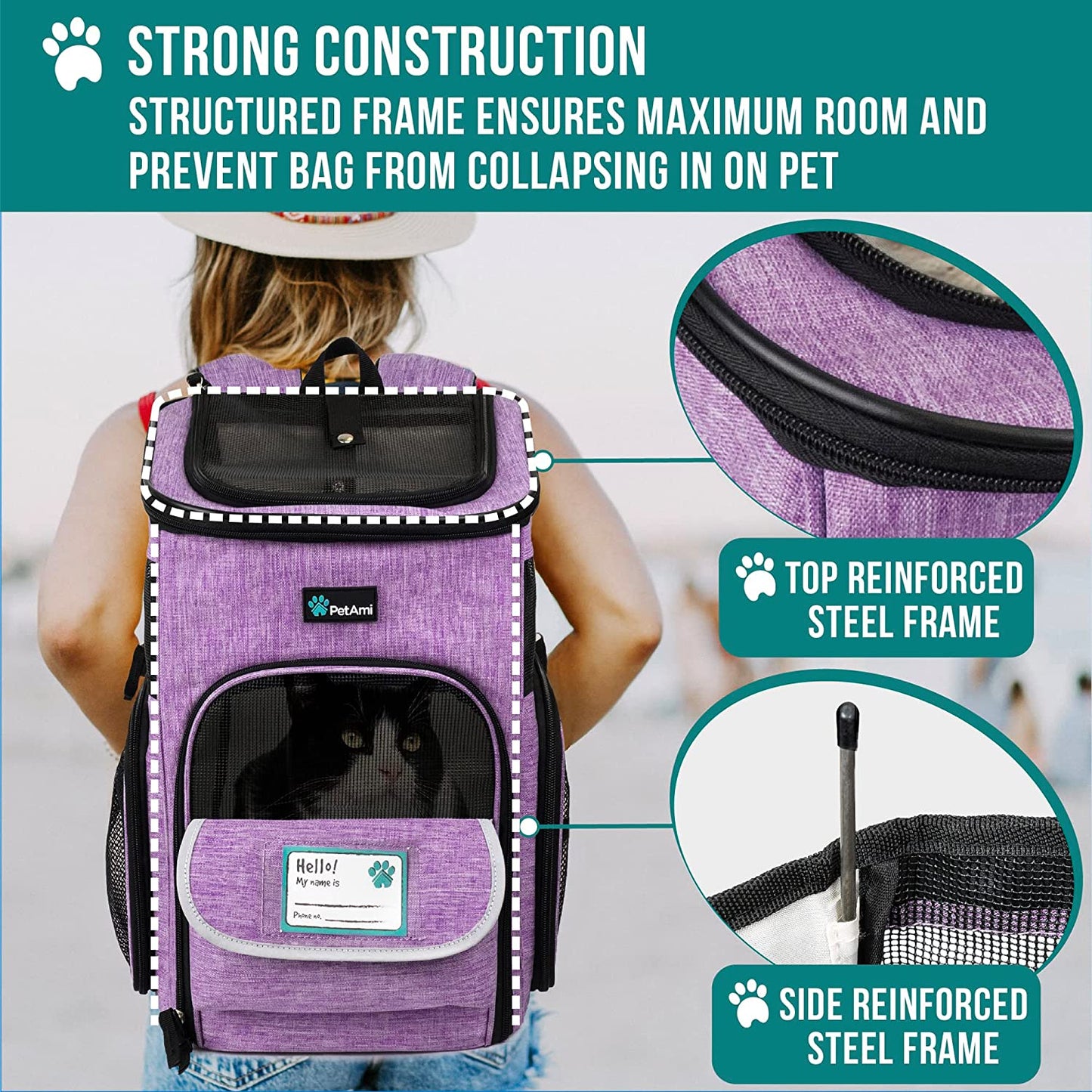 Petami Airline-Approved Dog and Cat Backpack Carrier, Soft-Sided and Ventilated for Travel, Hiking, and Camping, Supports Pets Up to 18 lbs, Purple