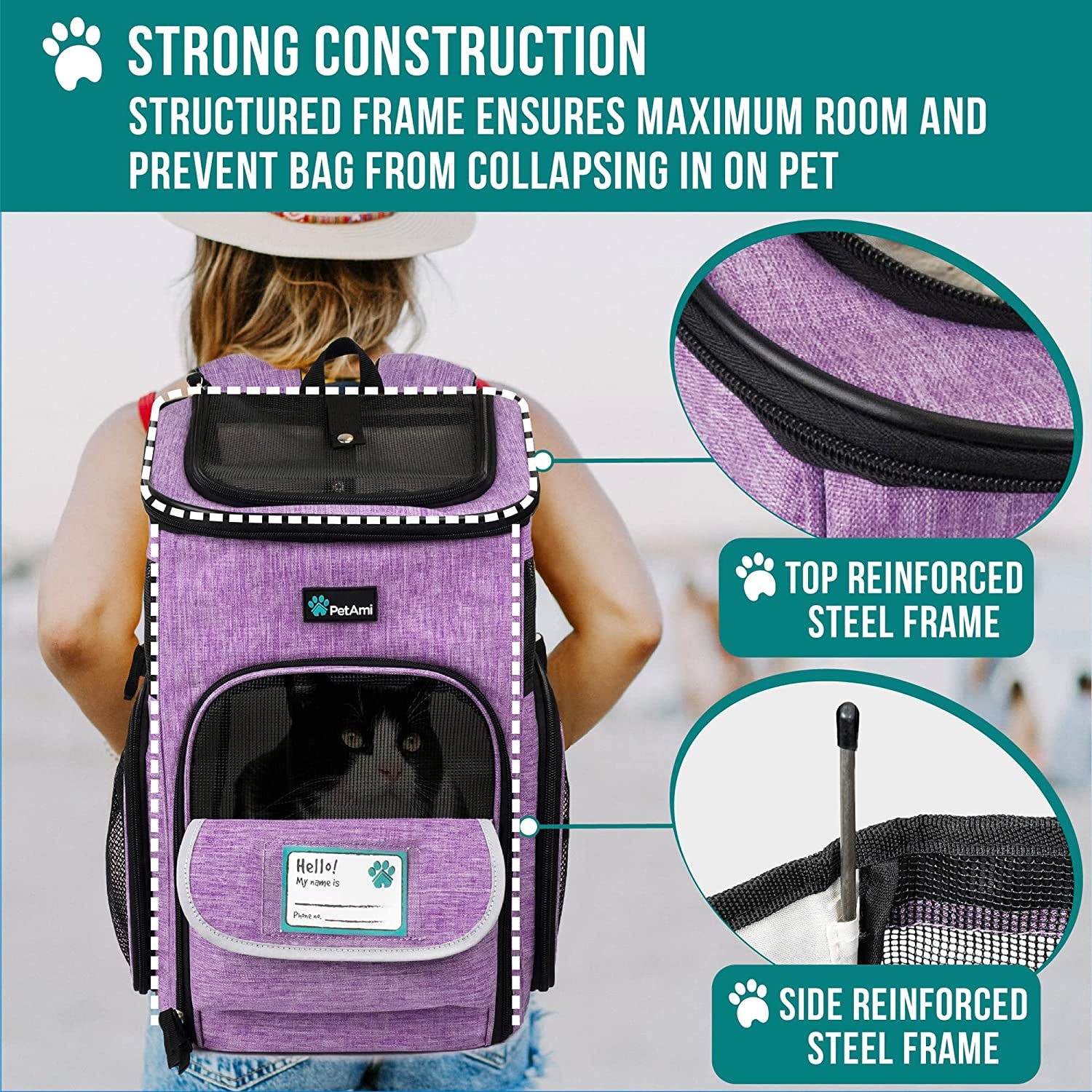 Petami Airline-Approved Dog and Cat Backpack Carrier, Soft-Sided and Ventilated for Travel, Hiking, and Camping, Supports Pets Up to 18 lbs, Purple