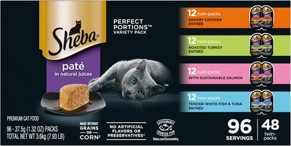Sheba Perfect Portions Wet Cat Food Variety Pack with Sustainable Salmon, Signature Seafood Entrée, Tender White Fish, and Tuna, 2.6 Oz Twin Pack Trays (24 Count, 48 Servings)