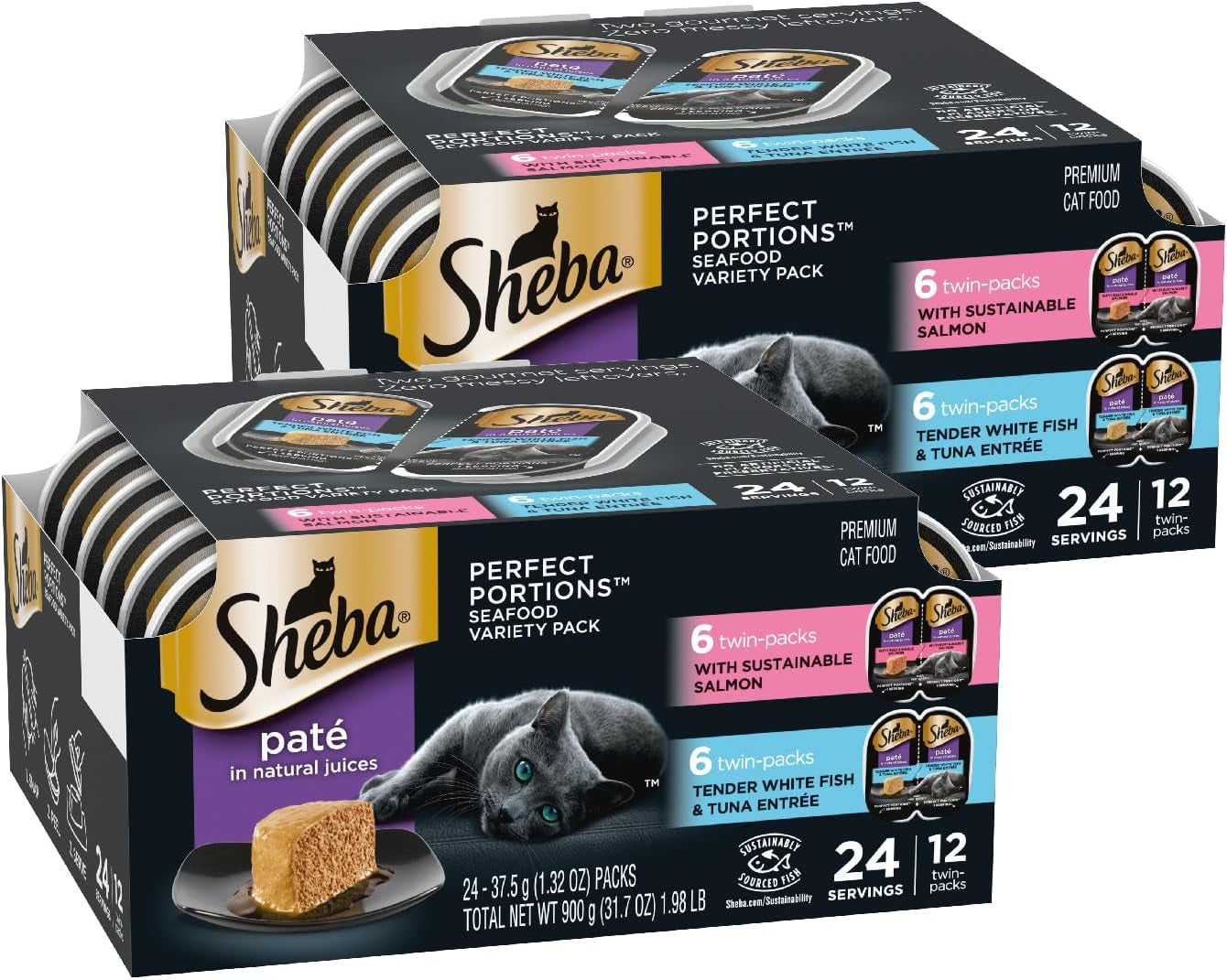 Sheba Perfect Portions Wet Cat Food Variety Pack with Sustainable Salmon, Signature Seafood Entrée, Tender White Fish, and Tuna, 2.6 Oz Twin Pack Trays (24 Count, 48 Servings)