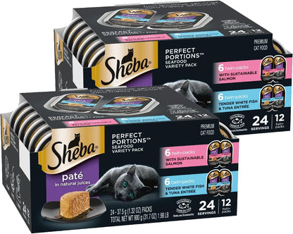 Sheba Perfect Portions Wet Cat Food Variety Pack with Sustainable Salmon, Signature Seafood Entrée, Tender White Fish, and Tuna, 2.6 Oz Twin Pack Trays (24 Count, 48 Servings)