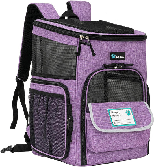 Petami Airline-Approved Dog and Cat Backpack Carrier, Soft-Sided and Ventilated for Travel, Hiking, and Camping, Supports Pets Up to 18 lbs, Purple