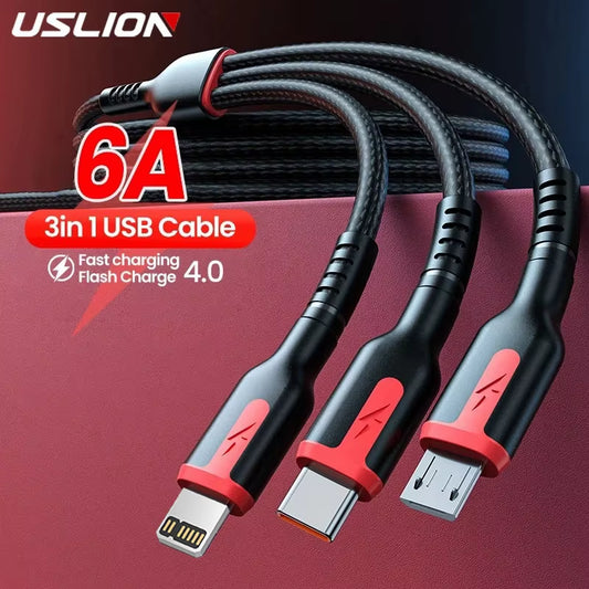 USLION 66W 5A 3-in-1 Fast Charging Cable for iPhone 14, Huawei, Micro USB, and Type C Devices