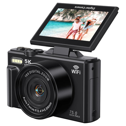 5K Digital Camera with 75MP Resolution, WiFi Connectivity, 18X Zoom, Autofocus, Flip Screen, and 32GB Memory Card for Vlogging and Photography
