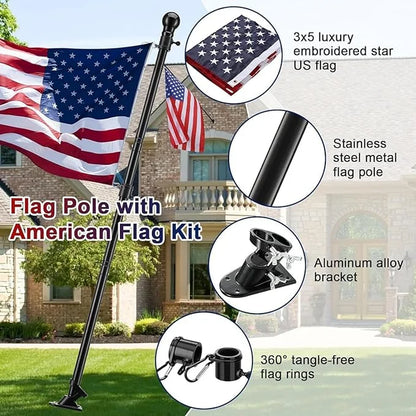 Black Flag Pole Kit for House with American Flag, 5FT Tangle Free Metal Flag Poles, 3X5 Embroidered US Flag and Holder