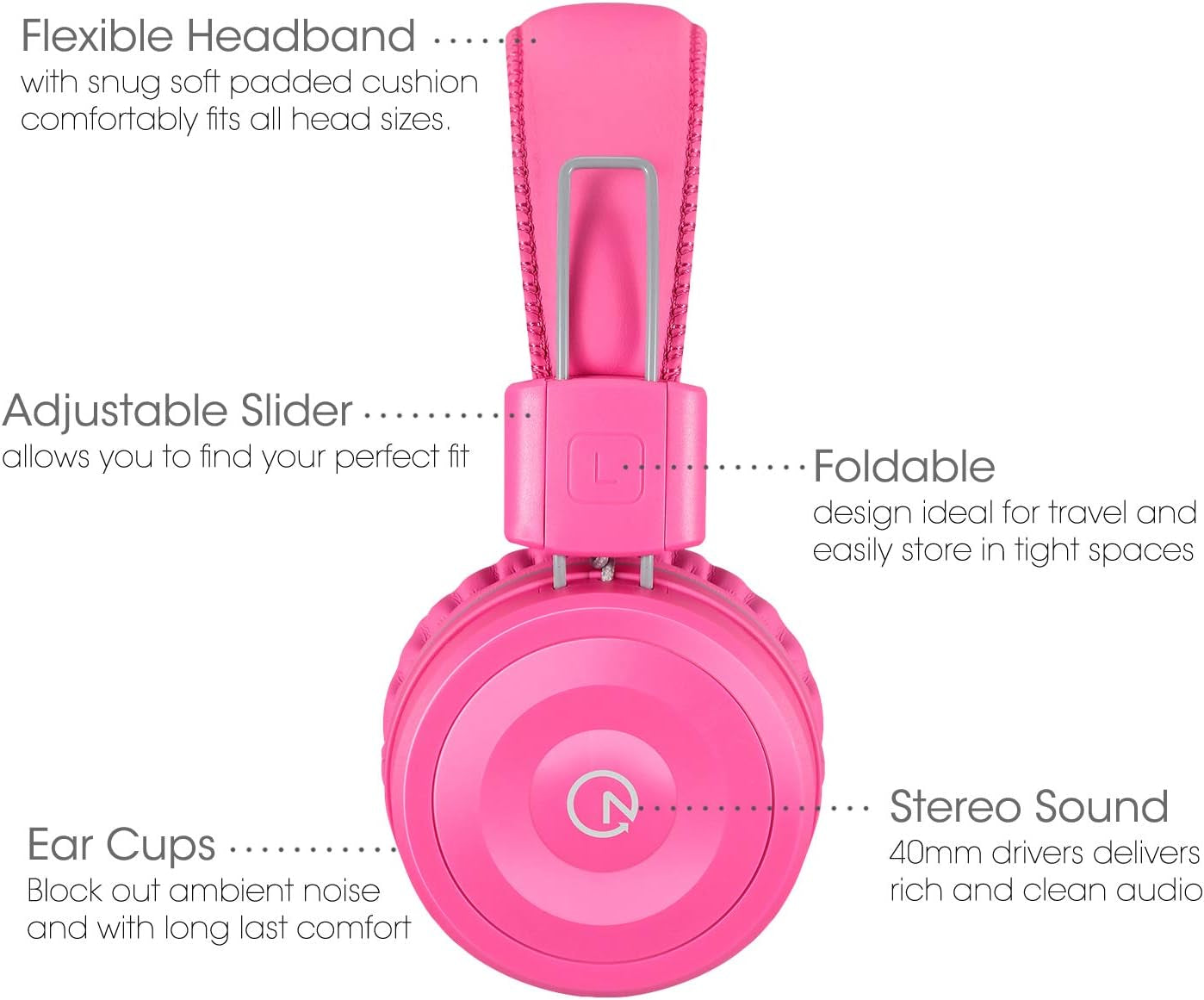 Noot Products Kids Headphones K22 Foldable Stereo Tangle-Free 5Ft Long Cord 3.5Mm Jack Plugin Wired On-Ear Headset for Ipad/Amazon Kindle Fire/Girls/School/Laptop/Travel/Plane/Tablet Flamingopink