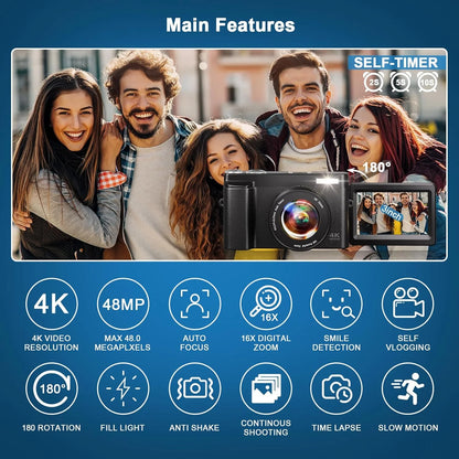 4K 48MP Digital Vlogging Camera with Autofocus and 16X Zoom, Includes 32GB SD Card for YouTube Content Creation