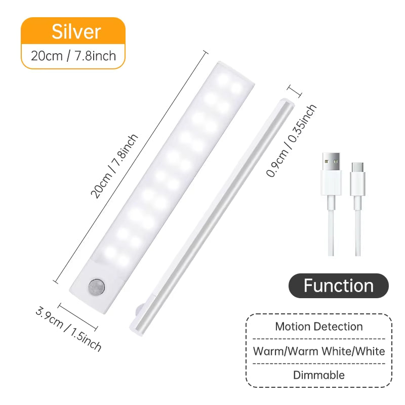 Wireless LED Motion Sensor Night Light - USB Rechargeable Under Cabinet Lamp for Kitchen and Wardrobe