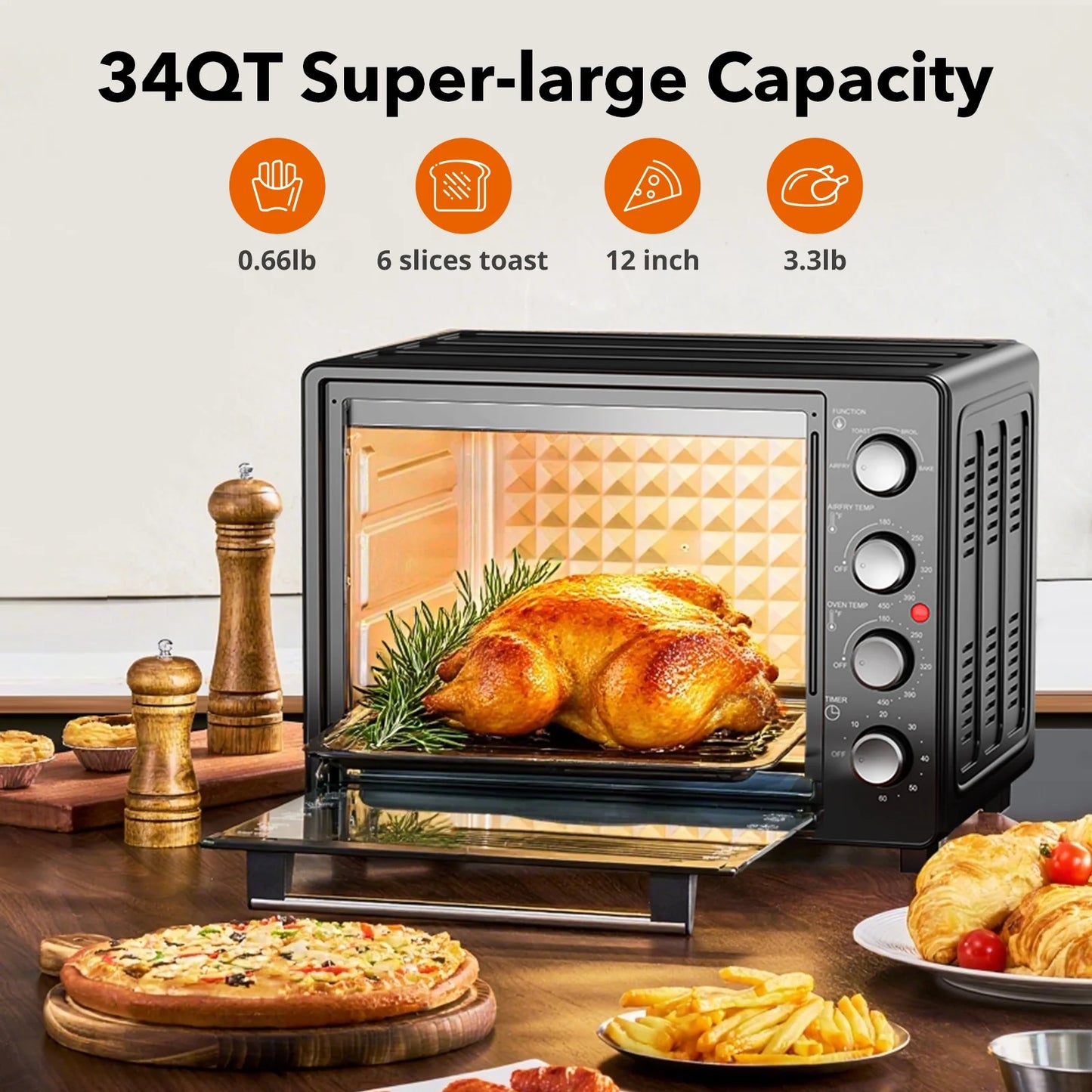 34 QT Extra-Large Oil-Free Air Fryer Toaster Oven Combo with 5 Functions: Pizza, Warm, Broil, Toast, Bake - Black